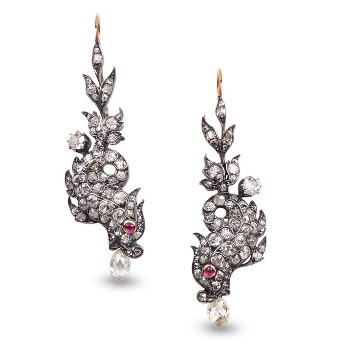 Pair of 19th century diamond cluster sea dragon and briolette diamond pendant earrings, c.1880,
